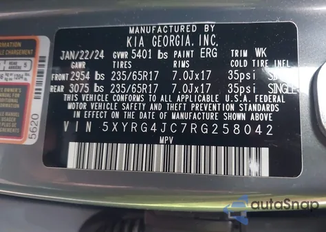 2024 Kia Sorento Lx z USA, uszkodzony, nr VIN 5XYRG4JC7RG258042